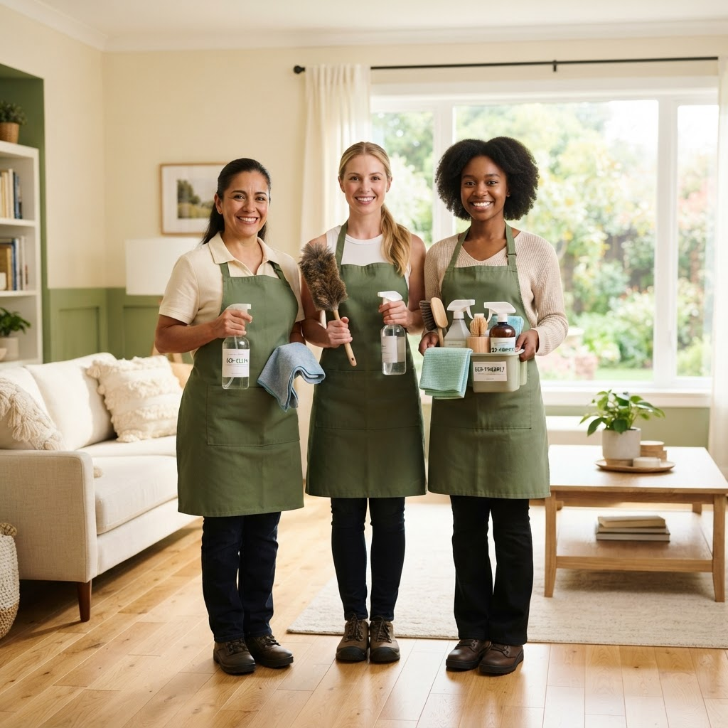 Friendly EcoShine cleaning team in green aprons